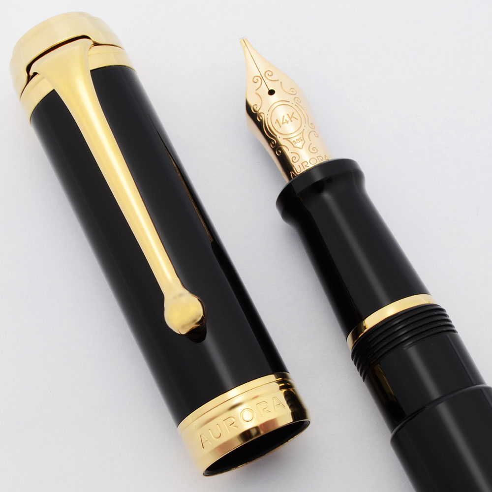 Aurora Talentum Fountain Pen - Black w Gold Trim, C/C, 14k Stub